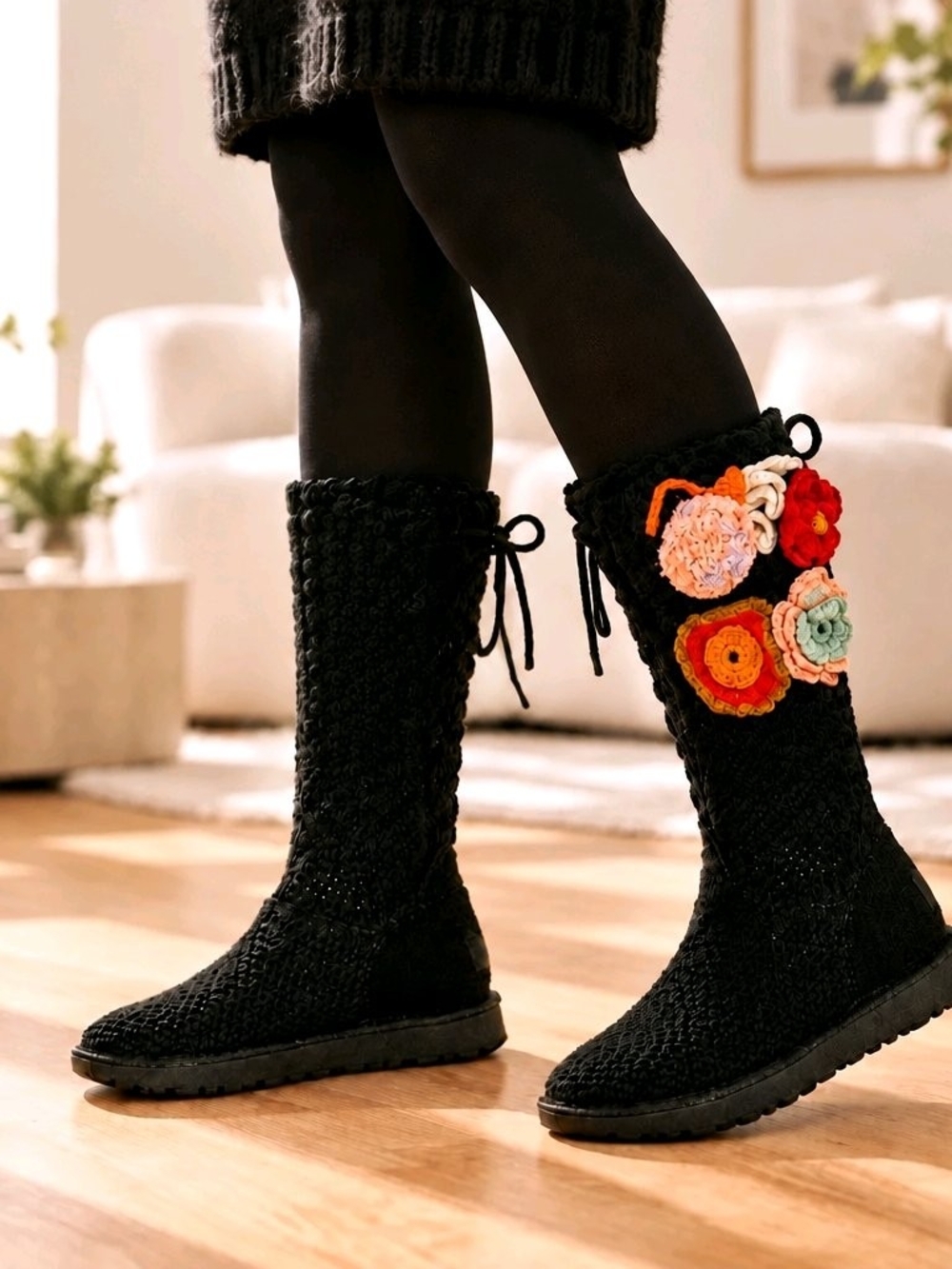 Rare UGG Classic Crochet Floral Knit Black Boots - Size 9